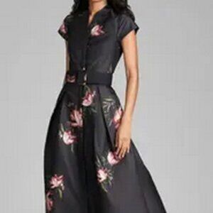 Sachin & Babi Noir Marta Floral Print Belted Satin Gown